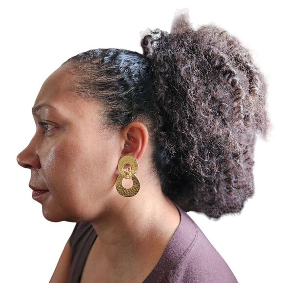 Vintage KJL Gold-Tone Textured Double Circle Clip-On Earrings | Boho Style | 2" - Picture 9 of 9